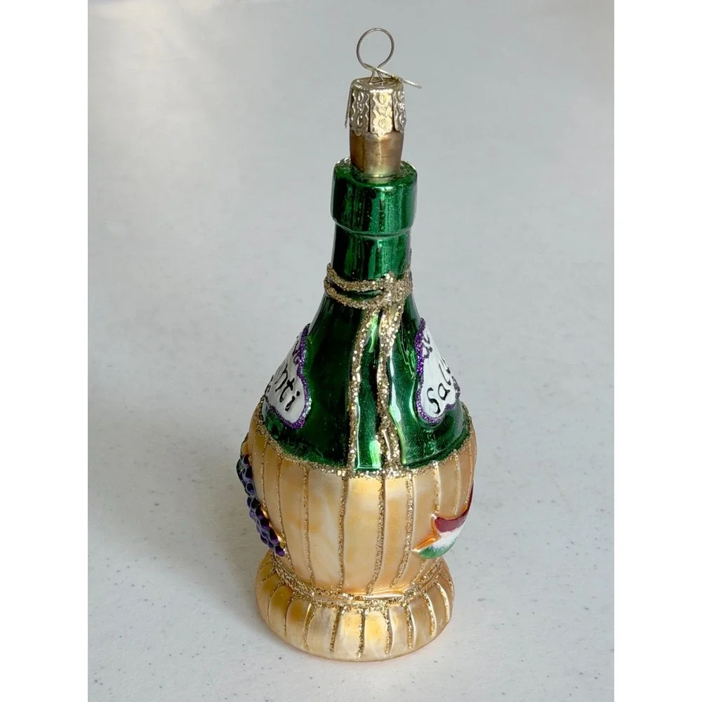 Old World Christmas Chianti Wine Bottle & Italy Flag Blown Glass Set2 Ornaments